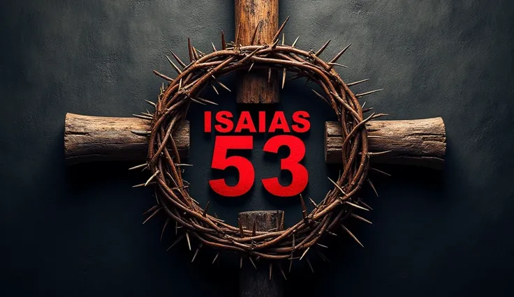 A Dramatic design features a crown of thorns and large, rugged nails, symbolizing the crucifixion. In the center, bold red letters display 'ISAIAS 53'. The background has a dark, textured effect, evoking a solemn and powerful atmosphere. No human figures o...