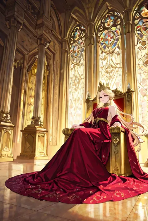 Create an image of a blond queen sitting on her throne in her palace