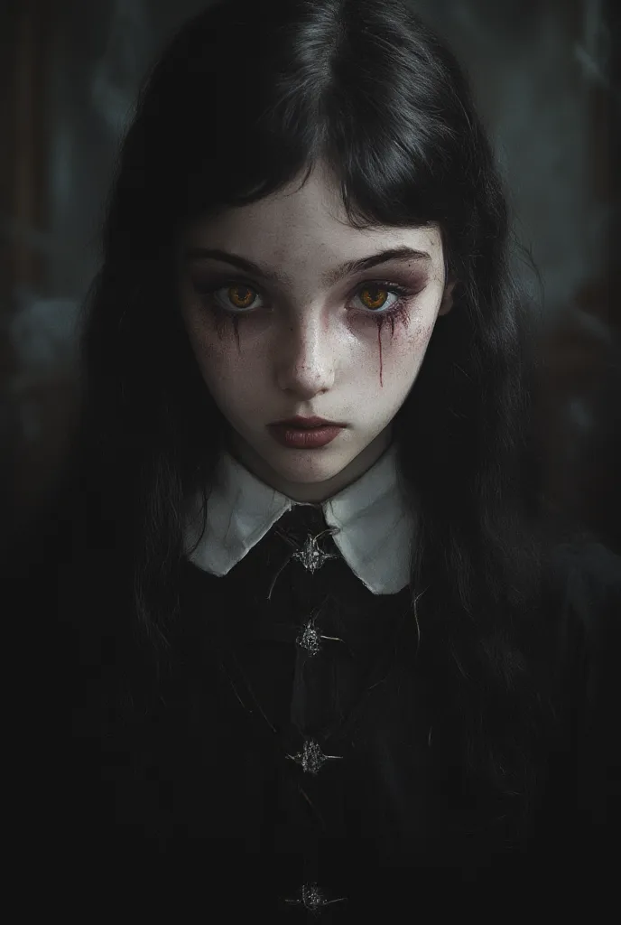 Full length view. Dark, creepy horror (The Addams Family-Wednesday. Always serious girl in an outfit reminiscent of a school uniform. Obsessed with causing pain and suffering to other people.) evil but beautiful face, glossy dark cherry yellow hellish gaze...