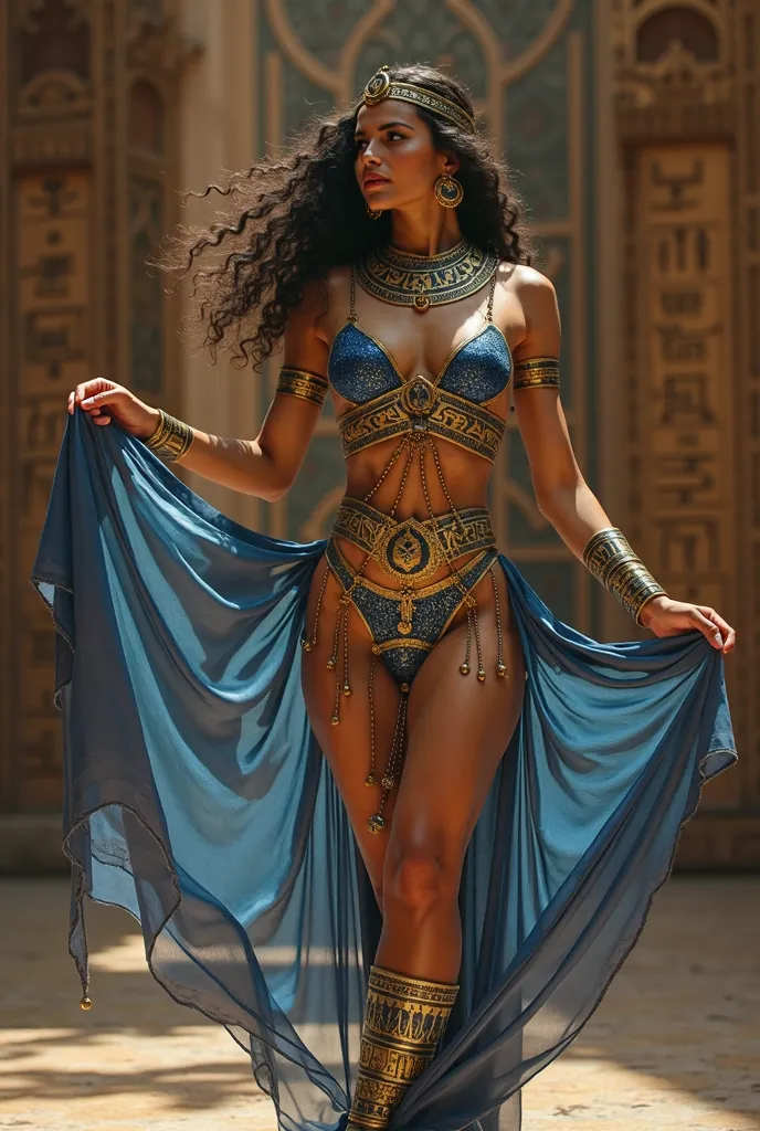 Egyptian dancer in metallic blue gold striped body and transparent chiffon 