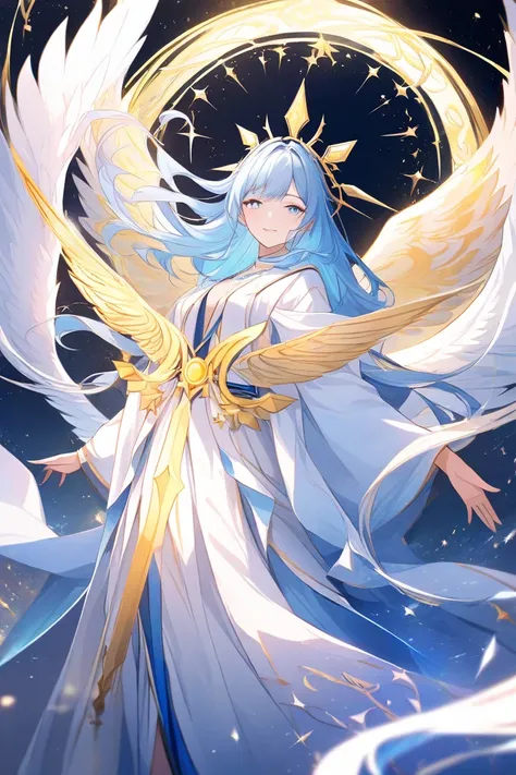 Girl with long blue hair, heavenly eyes, DEEP LOOK,with Angelic clothes and a pair of white wings, that reflects purity and grace