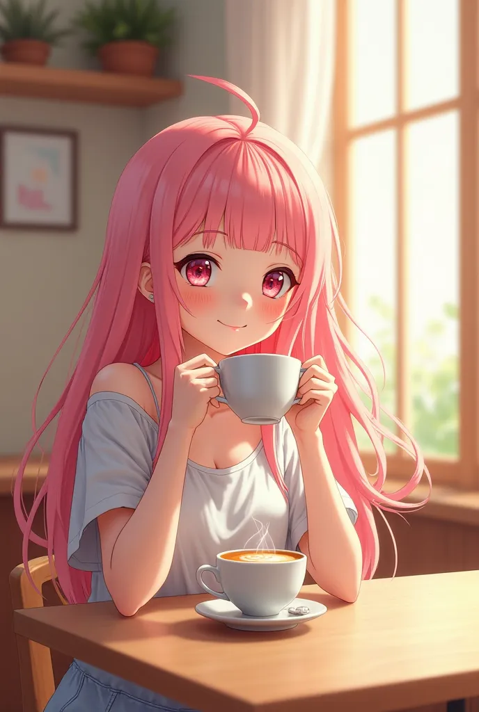 ANIME GIRL WITH PINK HAIR DRINKING A PRETTY COFFEE