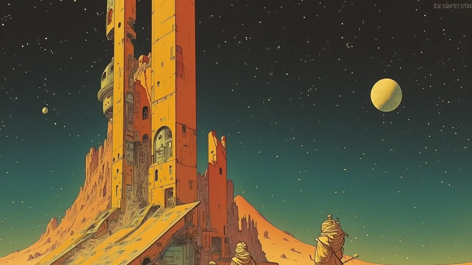 Moebius (Jean Giraud) Style - A picture by Jean Giraud Moebius, Spaceship in deep sky, Science fiction illustrations, Retro-future. Sci-fi Photoshoot, Impressive retro-future Spaceship, galaxy, Distant nebulas, in Moebius' signature style with sharp detail...