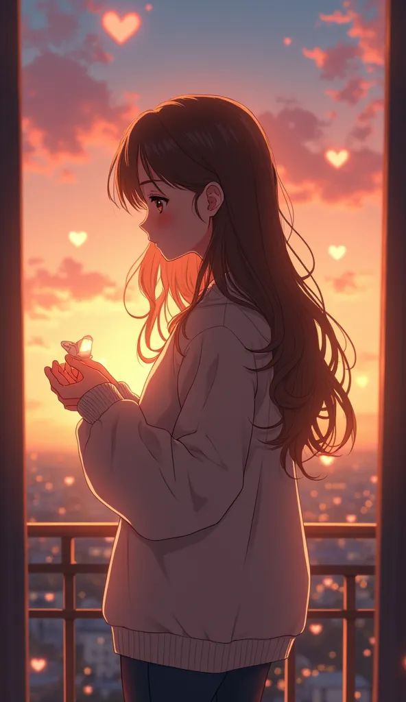 A beautifully detailed anime-style illustration of a 22-year-old woman with long, soft brown hair standing on a balcony at sunset. The golden and pink hues of the sky blend together, casting a warm glow on her gentle, contemplative face. Her deep, expressi...