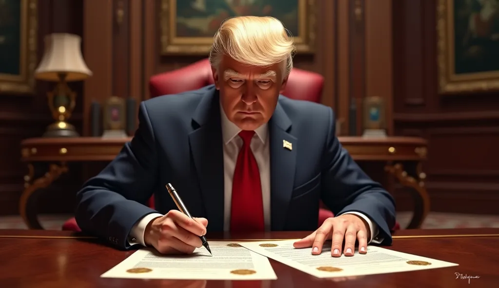 Donald Trump sitting at a lavish office desk, signing contracts.