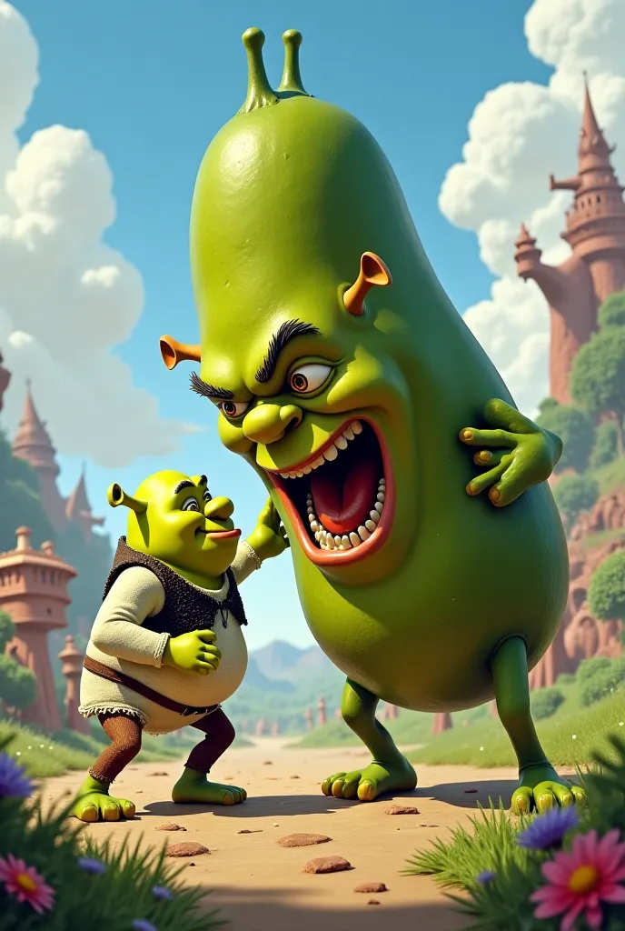 Little Shrek fighting with an angry cucumber