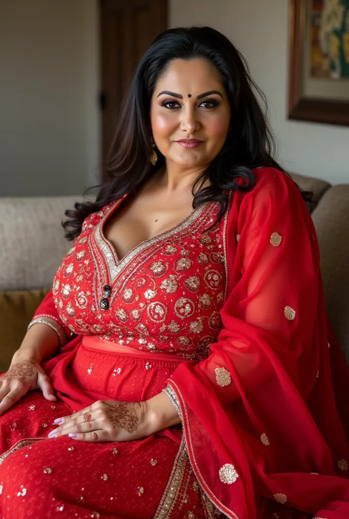 


 ((32K, top-quality:1.5, masterpiece, A high resolution, Photorealsitic)), A beautiful young Pakistan's chubby,40 years old , bindi and light lips woman wearing red bridal lehenga, henna (mehndi) in both hands
Sitting on a chair at home,black thick Hair...