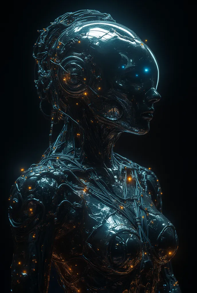 The image must be shot in ultra high resolution, create an ultra realistic image, 8k, futuristic beautiful full body cyborg with chrome helmet connected by cables and wires, and LED metal elements surrounded by tribal chrome elements, 3D rendering, works o...