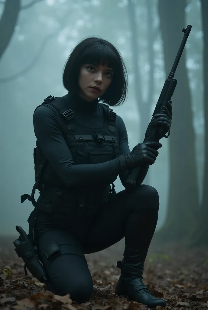 Anya (short black messy wavy bobbed  hair) wesring black lycra bodysuit. Black tactical vest. Kneeling holding an assault rifle. extremely misty, smoky spooky forest.






