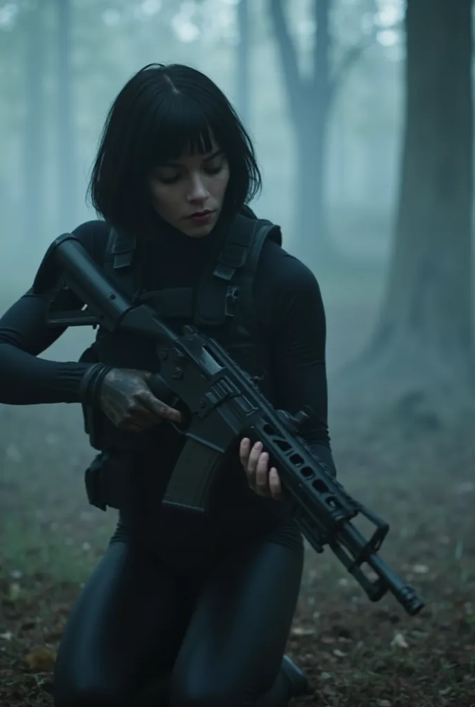 Anya (short black messy wavy bobbed  hair) wesring black lycra bodysuit. Black tactical vest. Kneeling holding an assault rifle. extremely misty, smoky spooky forest.






