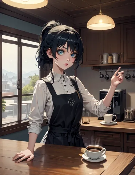 (1girl:1.3), (female focus:1.3), ultra-detailed, vibrant colors, (intricate details:1.1), (vibrant eyes:1.1), ornate clothes, oil painting, (professional barista, apron-dressed, skilled hands, coffee brewing, vintage coffee machine:1.3), (steam rising, woo...