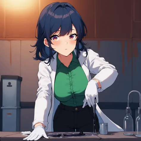 a woman with dark blue hair, a green shirt and black pants. White coat is gloves.  developed body. she's in a laboratory, experimenting on a black liquid. Do the walls have a bronze tint, screenshot, anime.