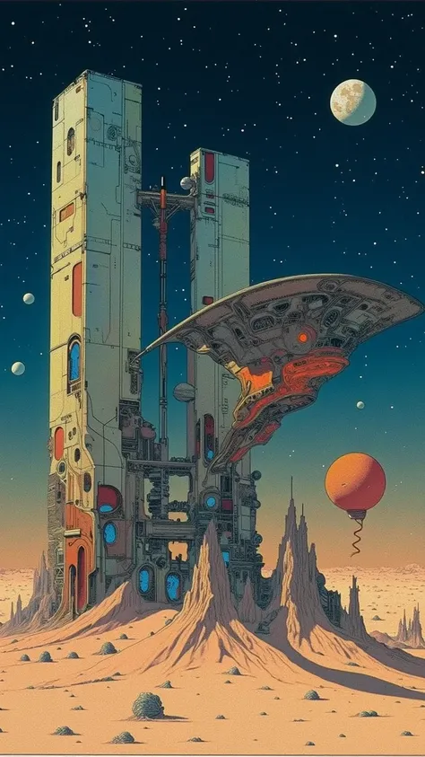 Moebius (Jean Giraud) Style - A picture by Jean Giraud Moebius, Large rectangular shaped Spaceship in deep sky, Science fiction illustrations, Retro-future. photo realism, 32K. Sci-fi Photoshoot, WIDE ANGLE SHOT, Impressive retro-future Spaceship, galaxy, ...