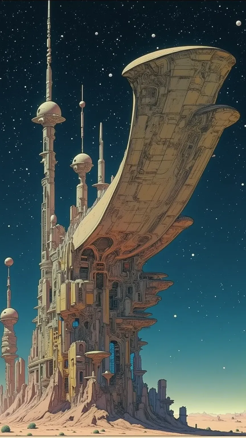 Moebius (Jean Giraud) Style - A picture by Jean Giraud Moebius, Large rectangular shaped Spaceship in deep sky, Science fiction illustrations, Retro-future. photo realism, 32K. Sci-fi Photoshoot, WIDE ANGLE SHOT, Impressive retro-future Spaceship, galaxy, ...