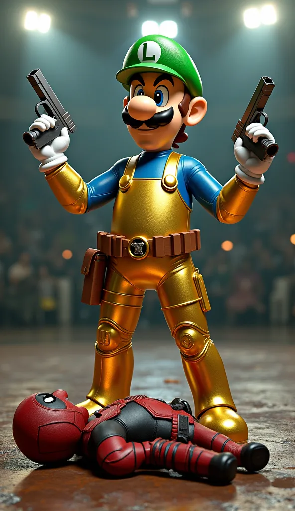 Luigi from Super Mario with his body fully coated in shiny gold metal, still retains the original form and detail of his character, including a green hat with the letter 'L', blue shirt, and white gloves. Luigi stands in a dashing pose, holding two modern ...