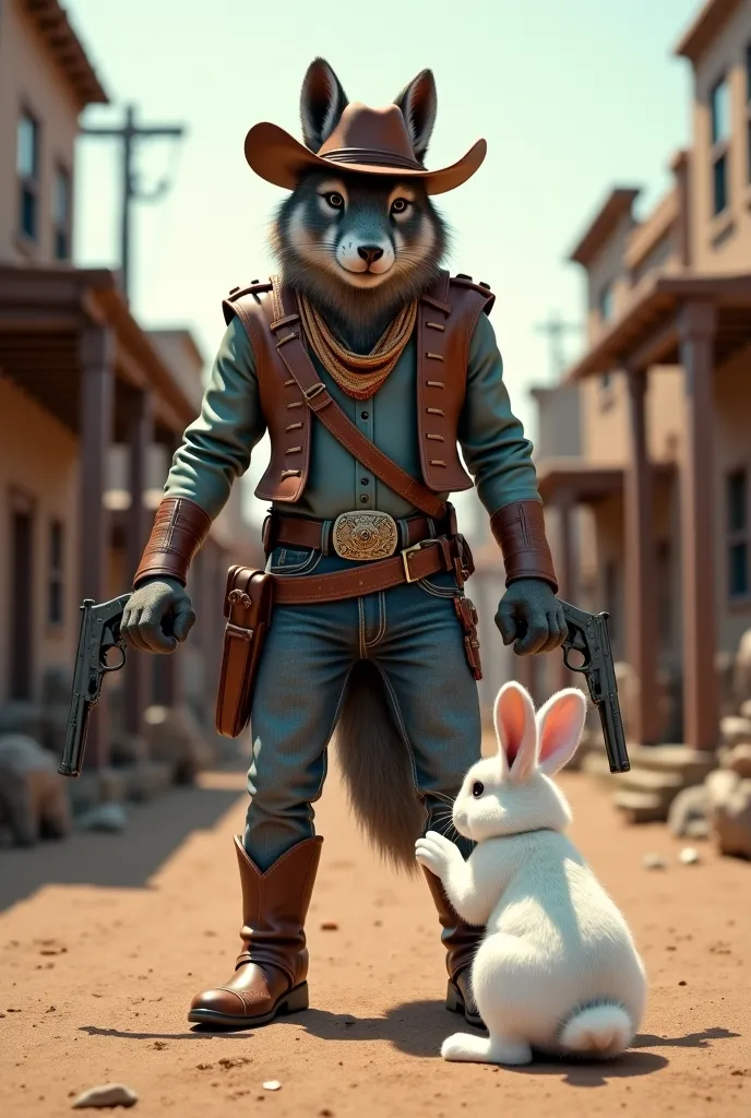 In an old cowboy town, a grey-headed wolf in a cowboy hat wearing a leather belt flanked by two handguns stood with his arms outstretched in front of the wolf was a white rabbit holding his hands together to bow to the wolf. 