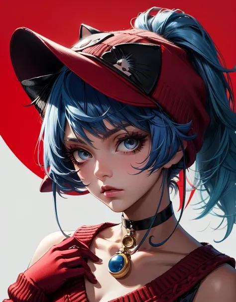 cappie, blue hair, swept bangs, sidelocks, low ponytail, hair strand, black eyes, colored eyelashes, ribbon choker, red choker, collarbone, teardrop tattoo, tareme, blue gloves, blue hat, cat hat, mascara, red sweater, Cool pose, Guilty Gear style