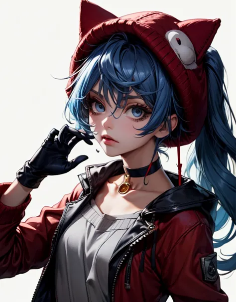 cappie, blue hair, swept bangs, sidelocks, low ponytail, hair strand, black eyes, colored eyelashes, ribbon choker, red choker, collarbone, teardrop tattoo, tareme, blue gloves, blue hat, cat hat, mascara, red sweater, Cool pose, Guilty Gear style