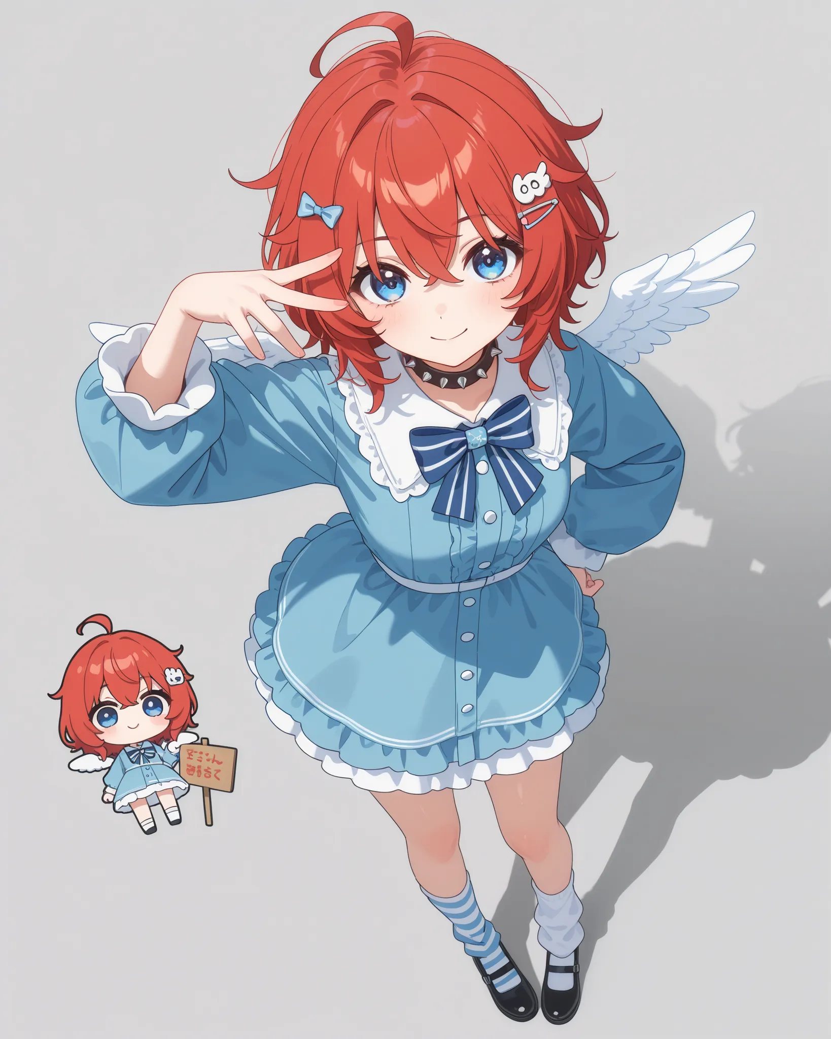 1girl, ((chibi:1.5),cute,kawaii, blue eye, big eye,beautiful shiny eye, messy hair, red hair, ahoge, short dress, blue dress, puffy outfit, angel wings, blue and white striped bow tie, spiked choker, mismatched socks, Angel themed hair pins,breast,cute pos...