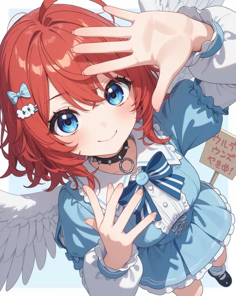 1girl, ((chibi:1.5),cute,kawaii, blue eye, big eye,beautiful shiny eye, messy hair, red hair, ahoge, short dress, blue dress, puffy outfit, angel wings, blue and white striped bow tie, spiked choker, mismatched socks, Angel themed hair pins,breast,cute pos...