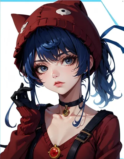 cappie, blue hair, swept bangs, sidelocks, low ponytail, hair strand, black eyes, colored eyelashes, ribbon choker, red choker, collarbone, teardrop tattoo, tareme, blue gloves, blue hat, cat hat, mascara, red sweater, Cool pose, Guilty Gear style