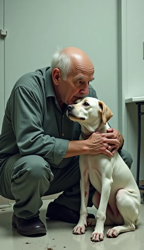 An old man helps a small white dog in a sanatorium. It has wounds and rotting crusts.