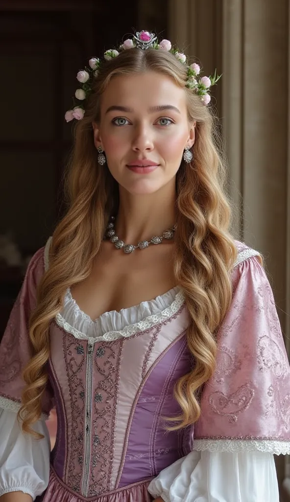 Melisa Döngel is depicted as an elegant noblewoman in the Middle Ages. Her long, wavy golden hair cascades gracefully over her shoulders, while her bright blue eyes captivate with an enchanting gaze. Her facial features are delicate, refined, and noble, wi...