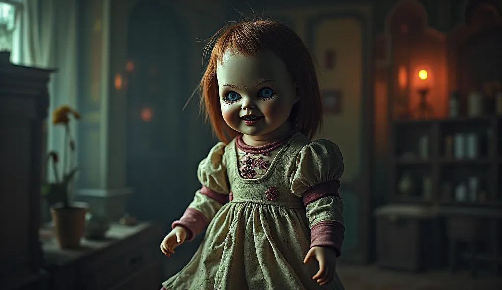 Create an image similar to this with an atmosphere of terror , Terrifying Possessed Doll