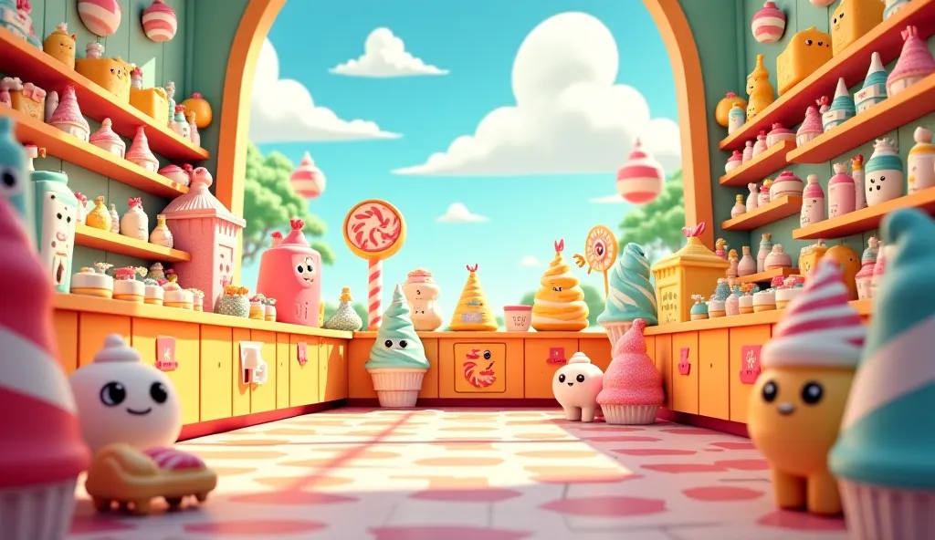 Create an animated background of a creamery inside a cartoon with lots of products but no people