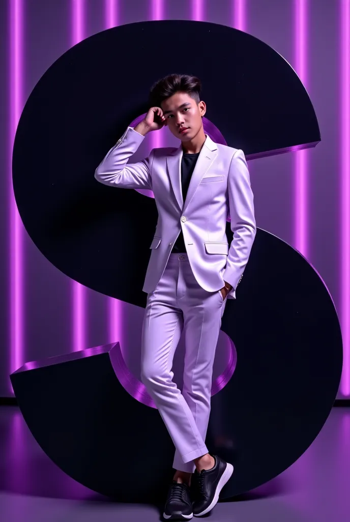 A 20-year-old boy with a modern hairstyle is dressed in a casual outfit, including a white suit, white pants, and black shoes. He is leaning against a large, glossy purple letter 'S,' which is black with white accents. The overall color scheme is minimalis...