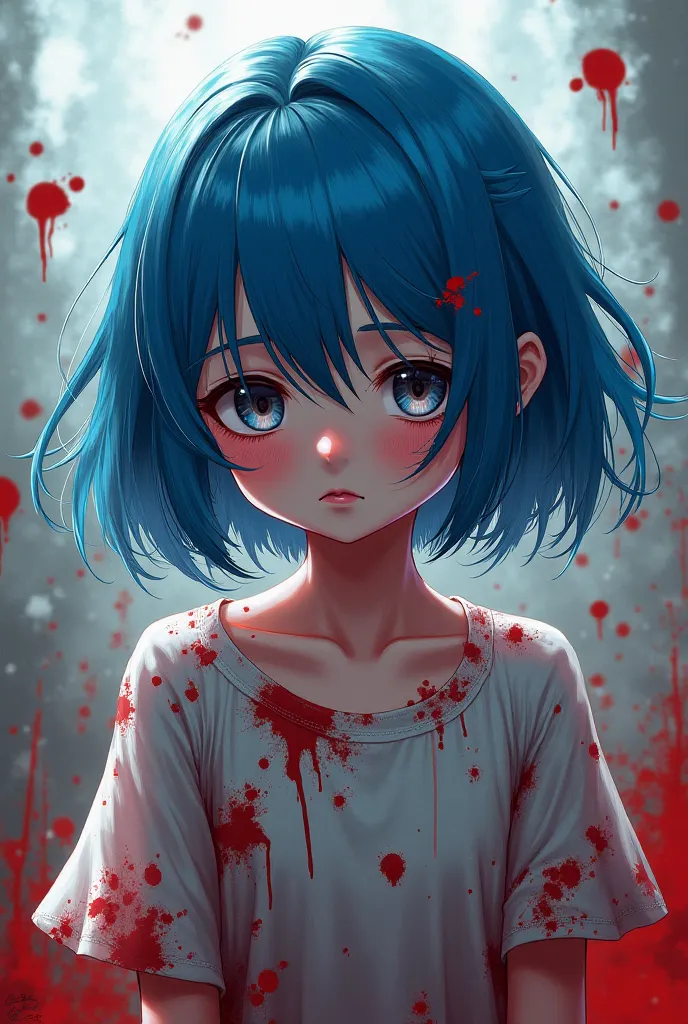 ARB anime girl with blue hair in blood in clothes