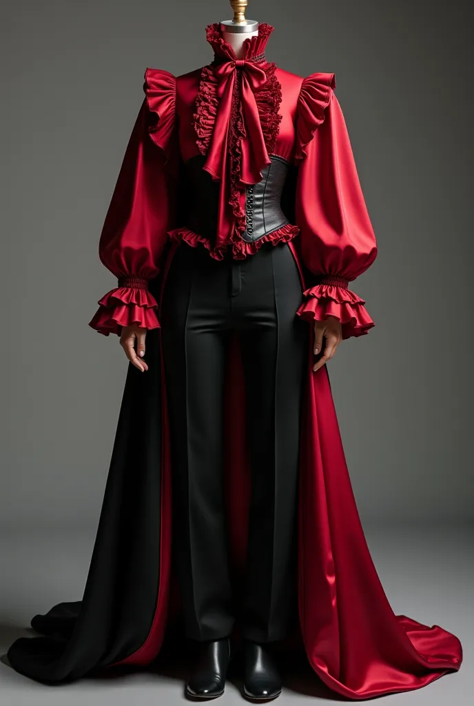 Create a highly detailed front and back view of an elegant Victorian-inspired outfit. The blouse is deep red with dramatic ruffles covering both long sleeves, which are voluminous and puffy with extra layers of ruffles within. A cascading ruffle extends do...