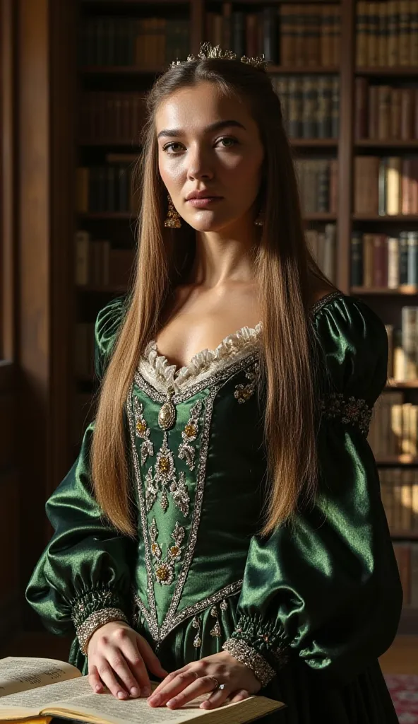 Melisa Döngel is depicted as a noblewoman in the Middle Ages, set in a magnificent library. Her long, straight, and shiny brown hair falls gracefully down her shoulders. Her face carries a gentle and thoughtful expression, with deep, intelligent eyes. She ...