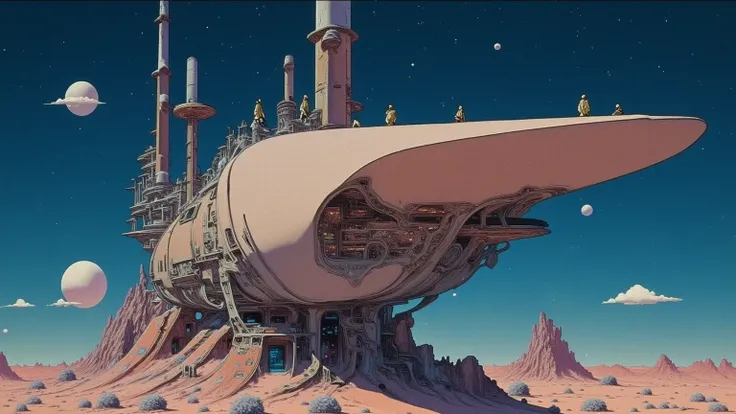 Moebius (Jean Giraud) Style - A picture by Jean Giraud Moebius, Large rectangular shaped Spaceship in deep sky, Science fiction illustrations, Retro-future. photo realism, 32K. Sci-fi Photoshoot, WIDE ANGLE SHOT, Impressive retro-future Spaceship, galaxy, ...