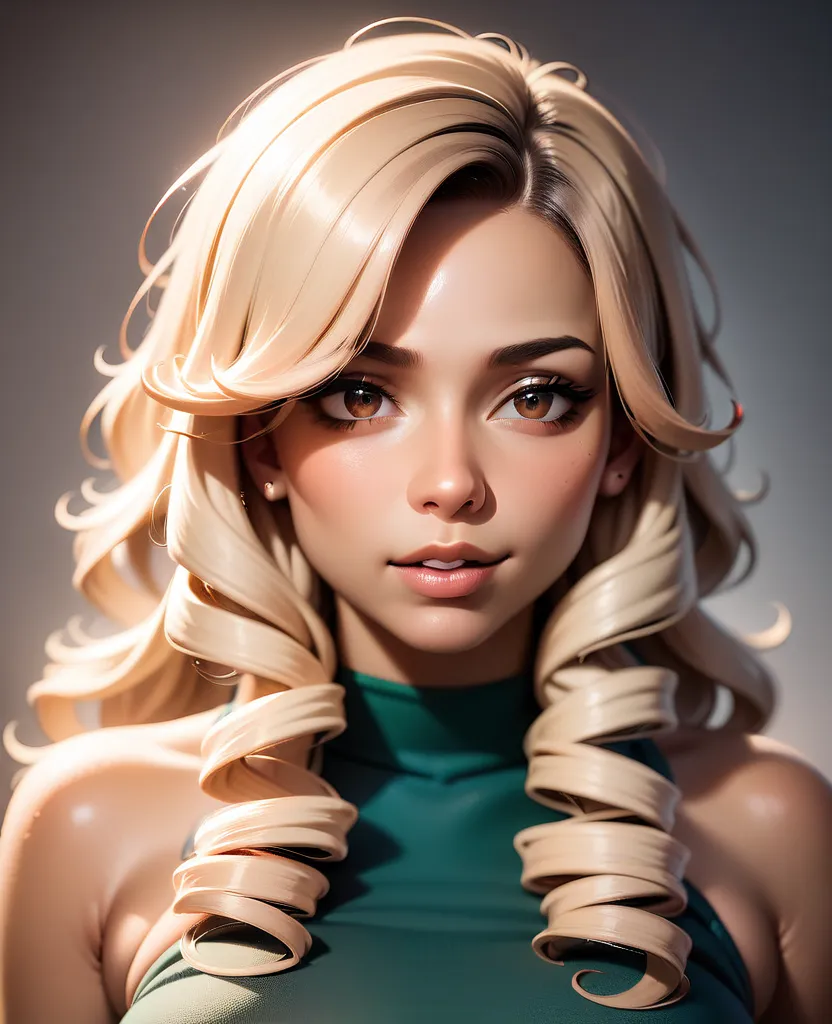 "A highly realistic AI-generated portrait of a woman with slightly tanned light skin, long curly hair in a soft brown shade with subtle blonde highlights. Her curls are well-defined and voluminous, cascading past her shoulders. She has deep brown eyes, wel...