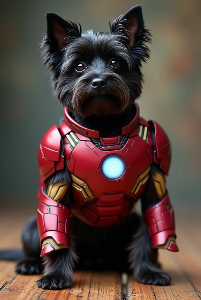 Create an image of Yorkshire dressed in Iron Man's armor adapted for dogs,  four-legged , Iron Luke written with Iron Man fonts and colors at the top of the image, Model dog is a Yorkshire with long black fur flying 