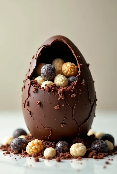 a chocolate egg shell with mixed liquorice and Rice krispies.Lquorice and Rice krispies are mixed on and inside of all over the egg shell.