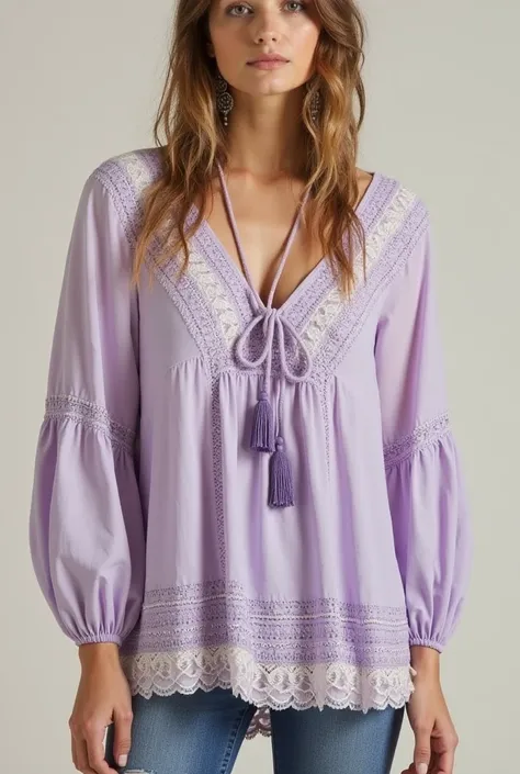 Boho-Inspired Flared Blouse
"A bohemian-inspired flared blouse with a relaxed fit and a slightly curved hem, ending just above the knees. The top features a V-neckline with a tassel tie closure, adorned with intricate embroidery in a geometric pattern. The...