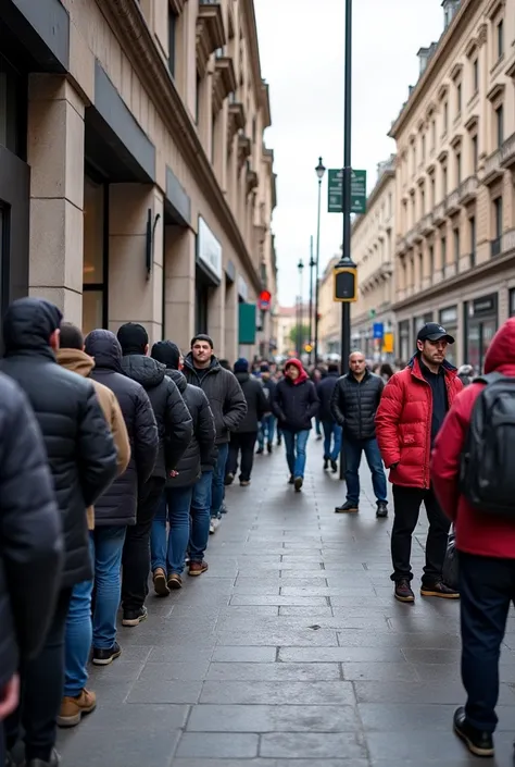 Unemployment and informality: A very long line of people waiting for work in front of a closed company, while next door there is a group selling on the street with a “informal work” sign: only option”.