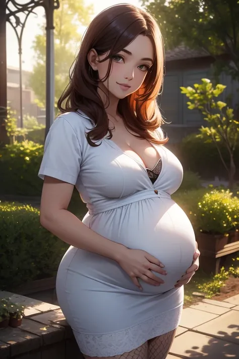 Pregnant nurse goddess, white skirt, wavy red hair, sexy, cleavage, beautiful, fishnet leggings, about to pop