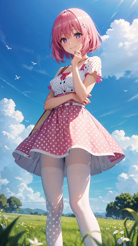 1 girl, Momo Belia Deviluke, pink hair, short bob hair, smile, BREAK, (white tights: 1.3), (Polka dot tights: 1.5), BREAK, casual mini dress, thighs, standing, (Hold hair back with hands), The wind is about to blow skirt up, In the wide grassland, blue sky...