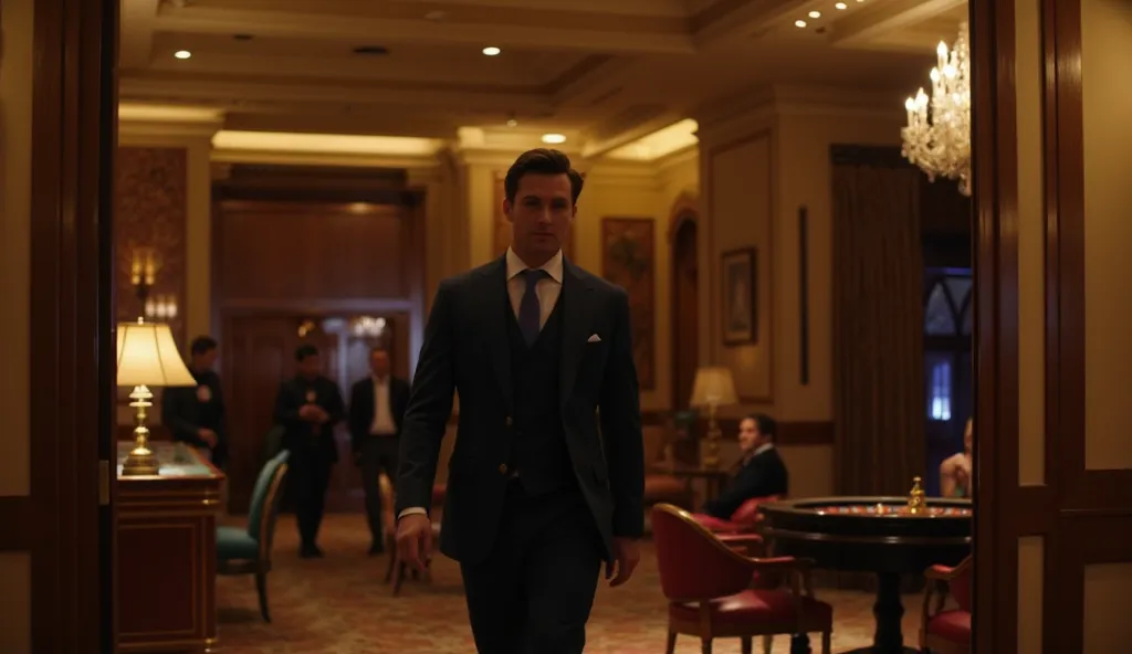 Prompt: Tracking shot of Henry Cavill walking through a luxurious casino. The camera follows behind at a low angle, showcasing his confidence. A roulette wheel spins in the background as he scans the room.

Camera Angle: Low-angle tracking shot