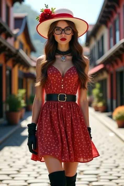 Slim petite female, long brown hair, white hat with red band and flowers, glasses, red patterned sun dress, black knee boots, choker, all in a steampunk style, steampunk village street setting 