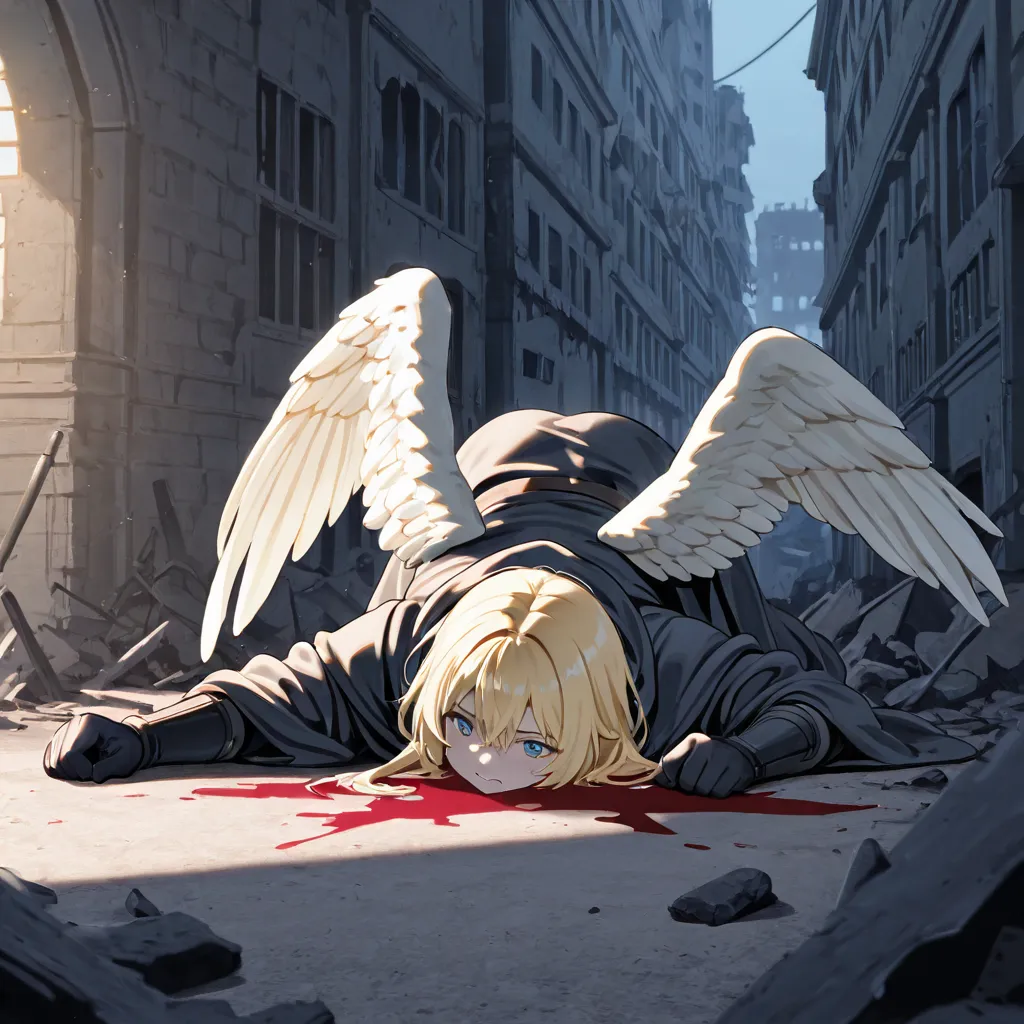 A wounded blond male angel and soldiers caught him