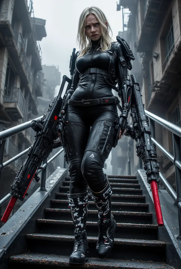 "(((A photo-realistic portrait of a woman as Sonya Blade in the Terminator 3 world, with the exact same face, anatomy, weight, height, expression, blonde hair, gaze, and hand structure as the girl in the original photo, wearing a tactical black leather out...