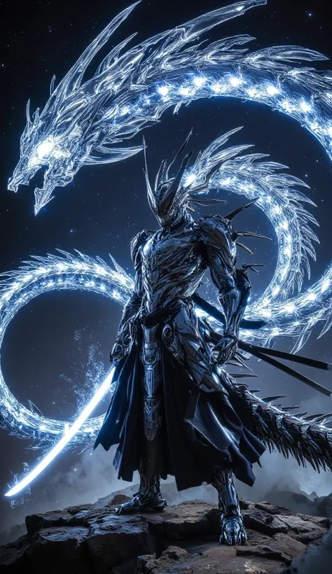 "A futuristic cosmic samurai, clad in sleek nano-armor with intricate, glowing patterns. Standing on a floating asteroid, the warrior wields a plasma katana that crackles with energy. Behind him, a massive holographic dragon coils through the stars, its ey...