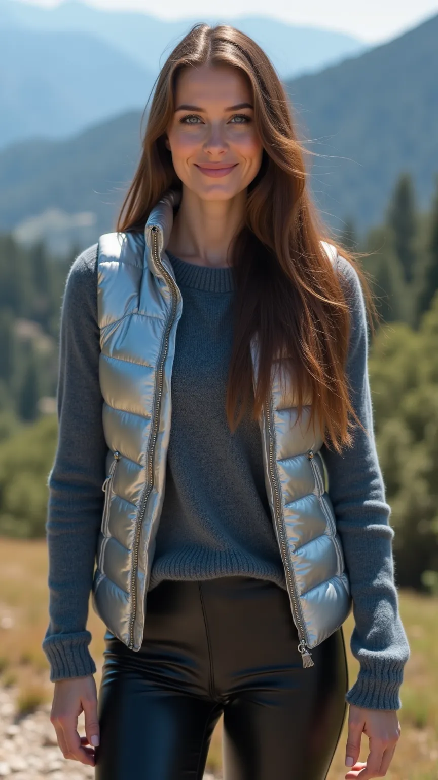 ultrarealistic beautiful busty 25 yo european woman,bombshell, handsome, very long brown straightened hair, blueish-grey pullover with shiny silver padded vest and black faux-leather leggins with boots, light makeup, realistic blue eyes, fullbody style ima...