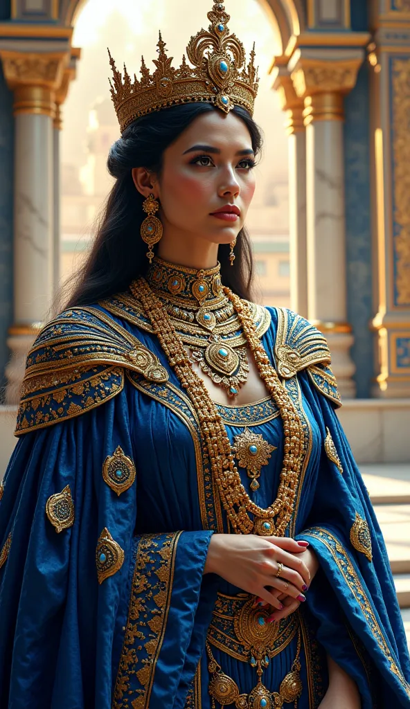 Masterpiece, very realistic, 8k Ultra HD, A graceful yet unyielding queen draped in royal blue and gold, adorned with heavy jewelry. She rules from a grand palace of marble and lapis lazuli, overseeing fertile lands and sacred temples devoted to prosperity...