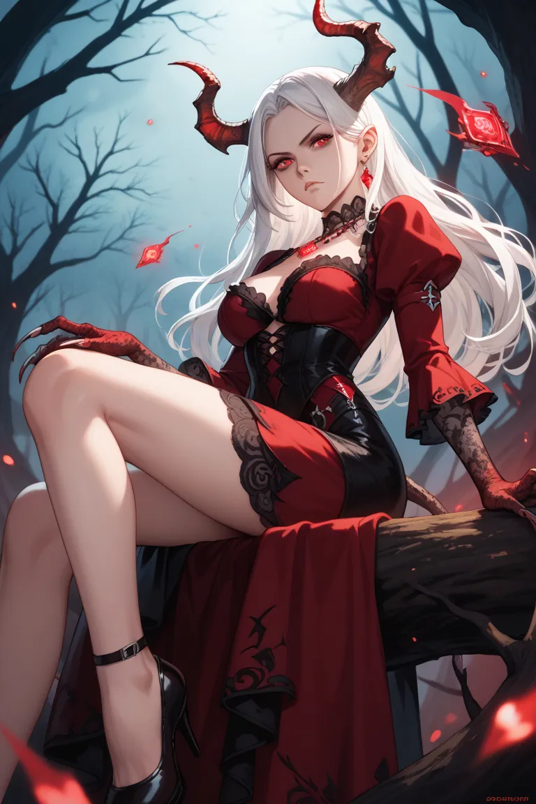 demon girl, white hair, red eyes, small curved horns, gothic dress, black and red outfit, long sleeves, elegant, serious expression, sharp claws, fantasy, dark atmosphere, eerie background, dead tree, shadowy hands, mystical, powerful presence, sitting on ...