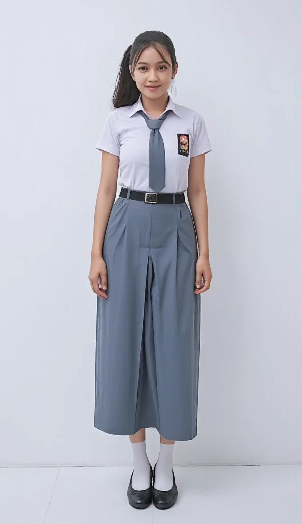 One Young Indonesian girl, Around 17-18 years old, normal face, no broken face, black pony tail hair, wearing indonesian high school unform ((sma)) , short white sleeves, slate grey tie and long skirt, add black belt on her skirt, add osis emblem on her un...